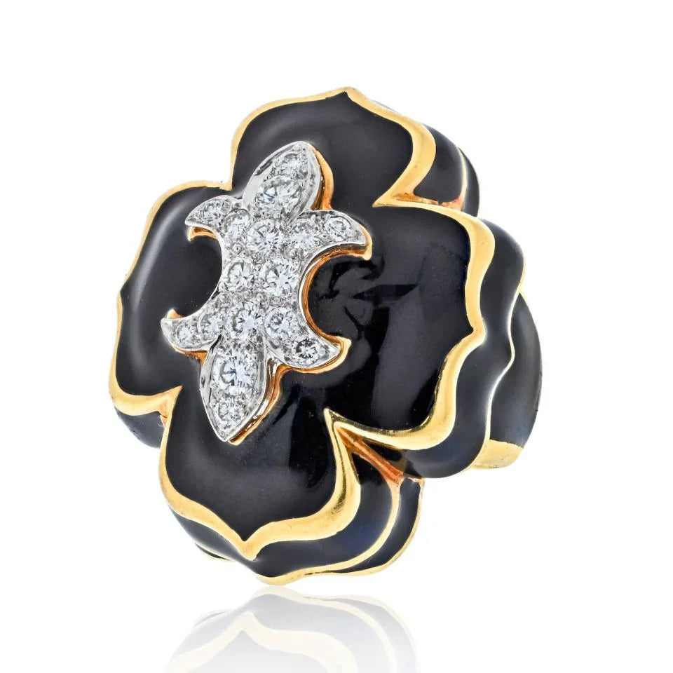 David Webb Platinum & 18K Yellow Gold Fleur De Lis Black Enamel Diamond Ring — Laura Milman New York