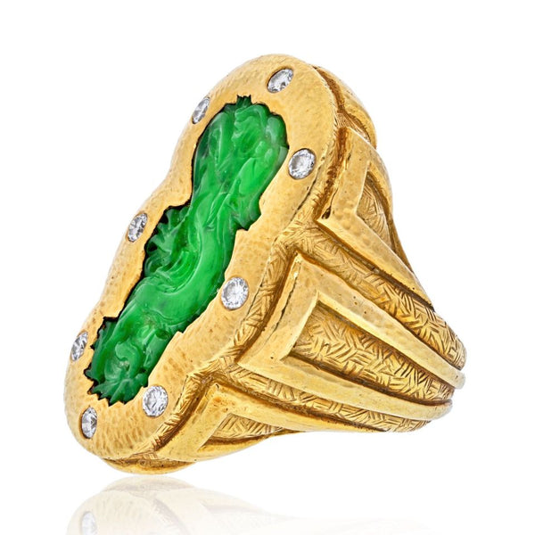 David Webb Platinum & 18K Yellow Gold 1970's Carved Jade Dragon Style Ring — view 2