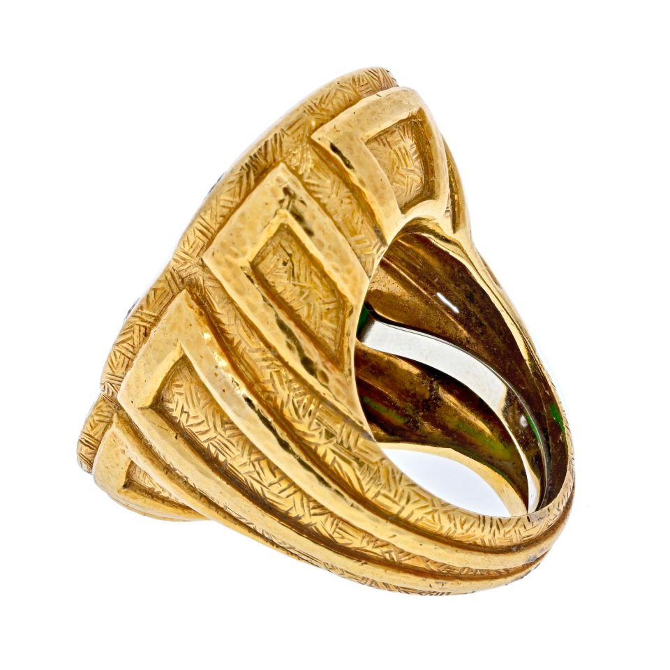 David Webb Platinum & 18K Yellow Gold 1970's Carved Jade Dragon Style Ring — view 3 — Laura Milman New York