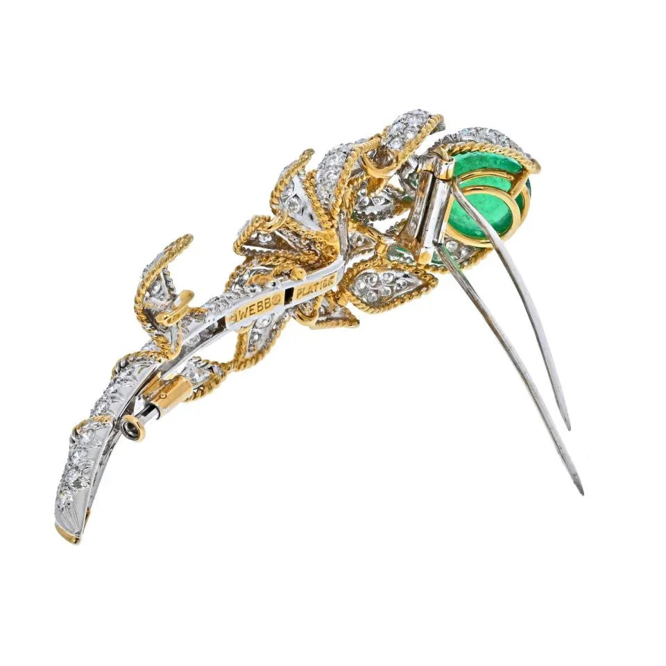 David Webb Platinum & 18K Yellow Gold Green Emerald And Diamond Flower Brooch — view 3 — Laura Milman New York