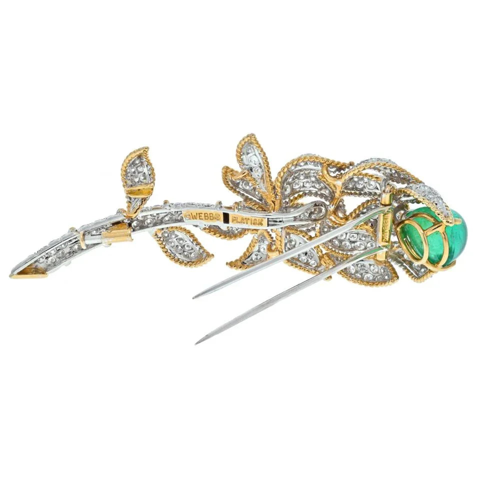 David Webb Platinum & 18K Yellow Gold Green Emerald And Diamond Flower Brooch — view 4 — Laura Milman New York