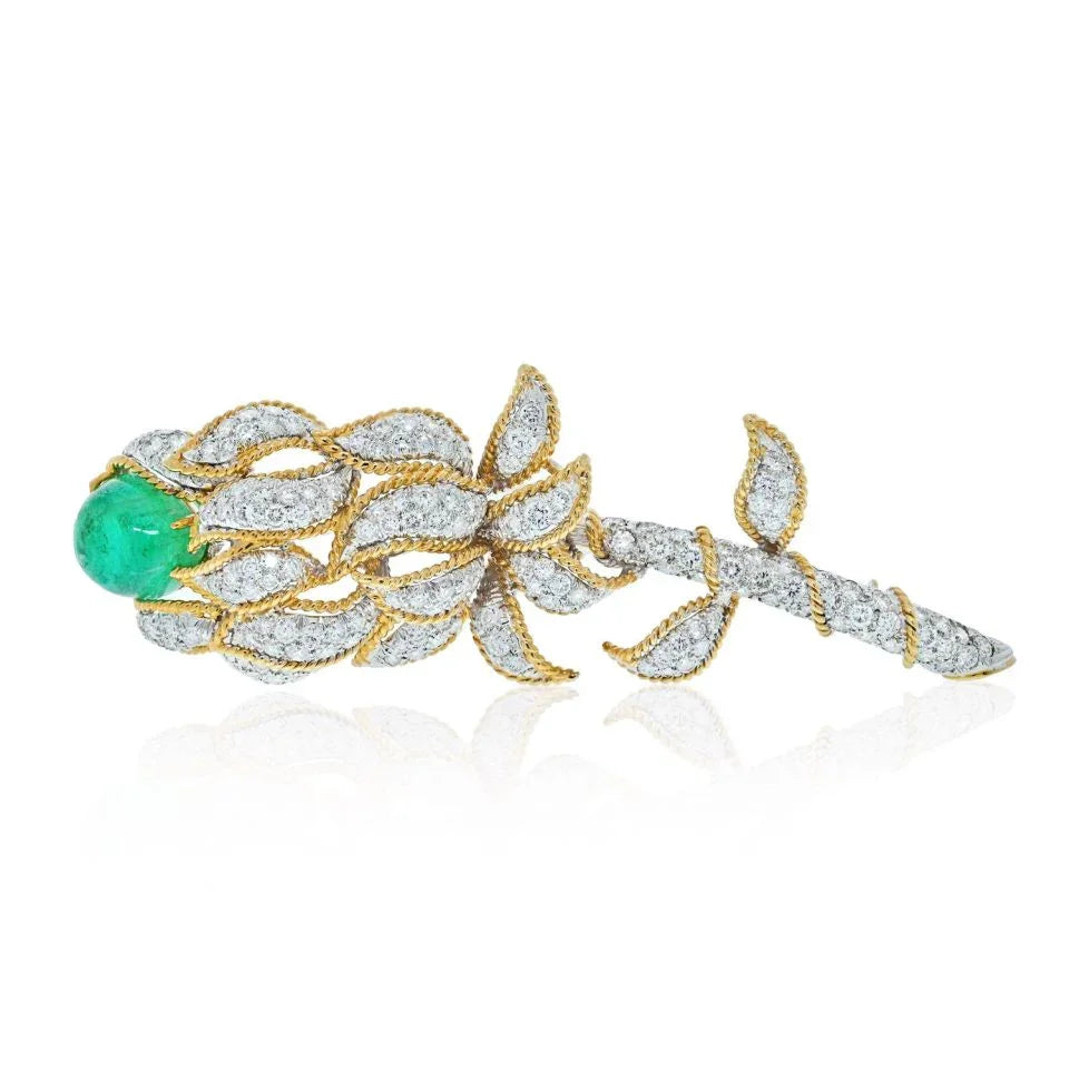David Webb Platinum & 18K Yellow Gold Green Emerald And Diamond Flower Brooch — Laura Milman New York