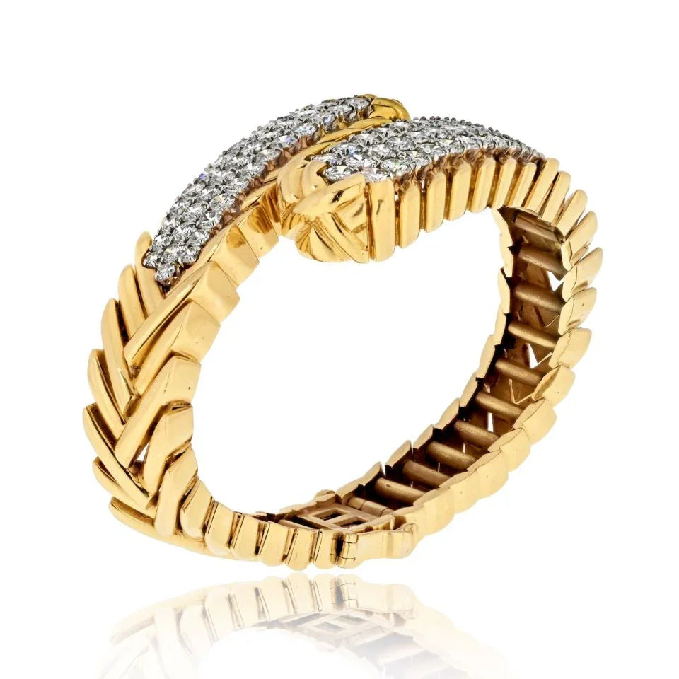 David Webb Platinum & 18K Yellow Gold 8.75cttw Round Diamond Crossover Bracelet — view 3 — Laura Milman New York