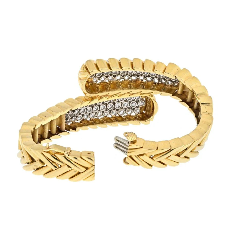 David Webb Platinum & 18K Yellow Gold 8.75cttw Round Diamond Crossover Bracelet — view 4 — Laura Milman New York