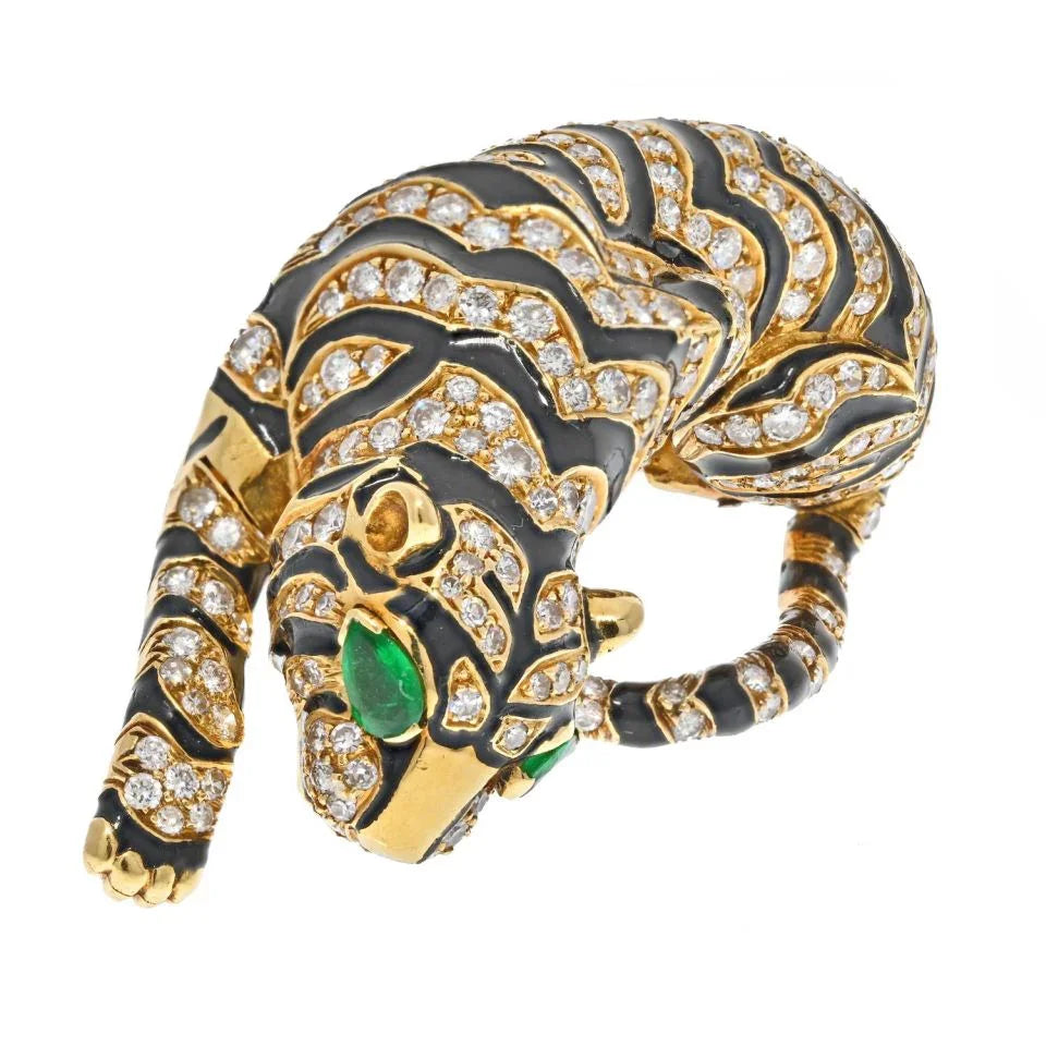 David Webb Platinum & 18K Yellow Gold Diamond Tiger And Black Enamel Brooch — view 3 — Laura Milman New York
