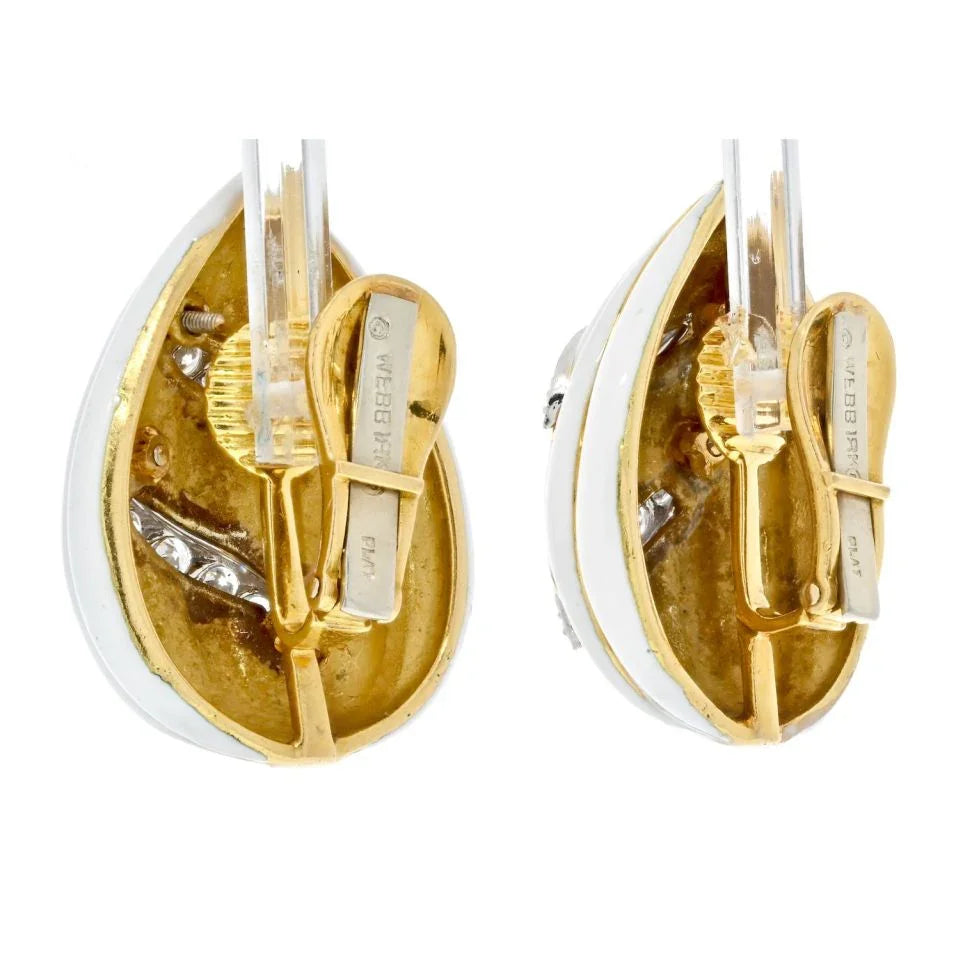 David Webb Fluted Almonds White Enamel And Diamond Earrings — view 3 — Laura Milman New York