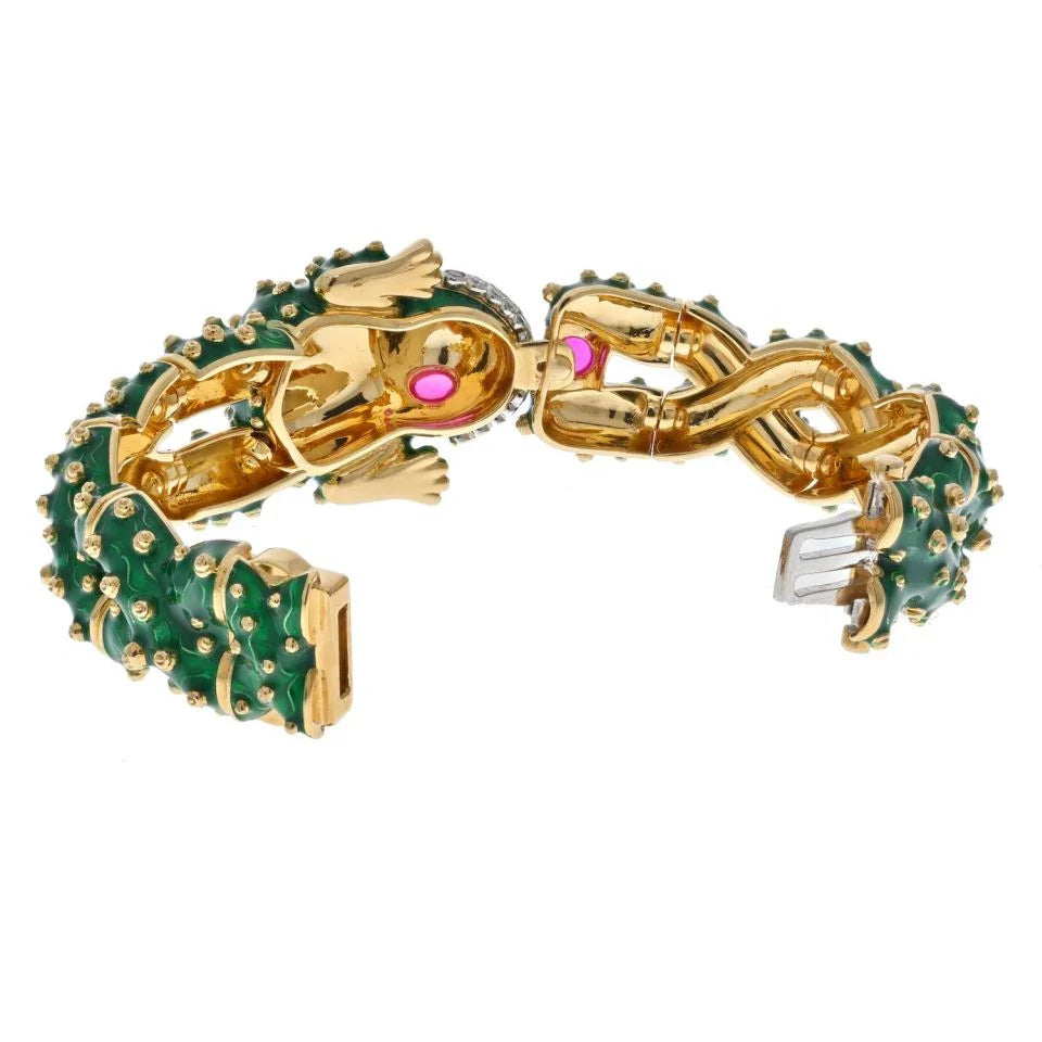 David Webb Platinum & 18K Yellow Gold Green Enamel, Diamond And Ruby Frog Bracelet — view 5 — Laura Milman New York