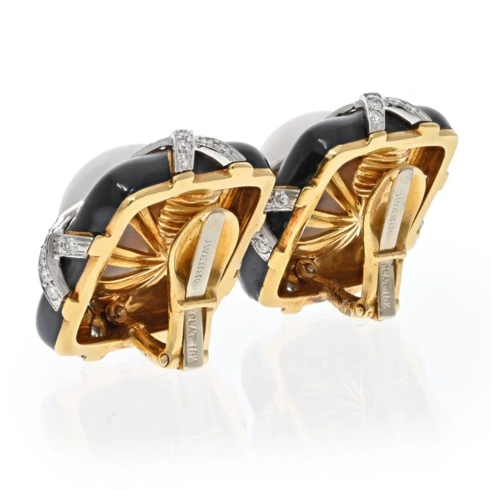 David Webb Platinum & 18K Yellow Gold Black Enamel, Diamond And Pearl Earrings — view 3 — Laura Milman New York