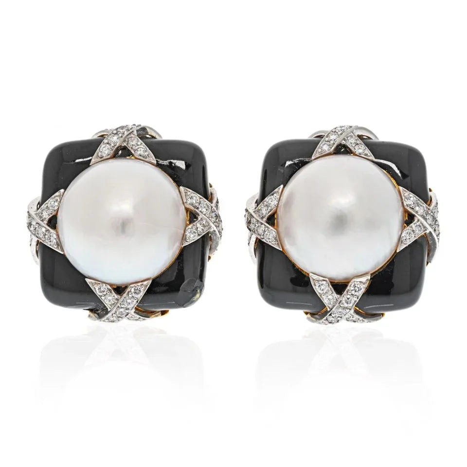 David Webb Platinum & 18K Yellow Gold Black Enamel, Diamond And Pearl Earrings — Laura Milman New York