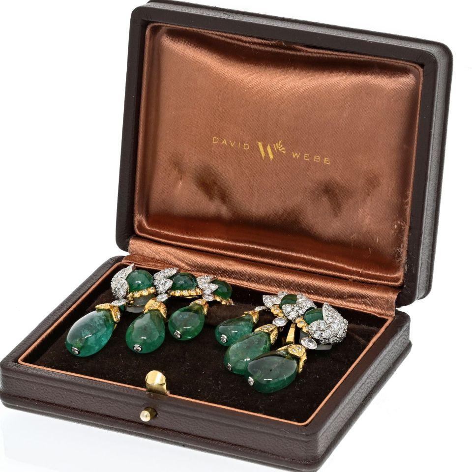 David Webb Smooth Briolette Cut Green Emerald Cascading Clip Diamond Earrings — view 5 — Laura Milman New York