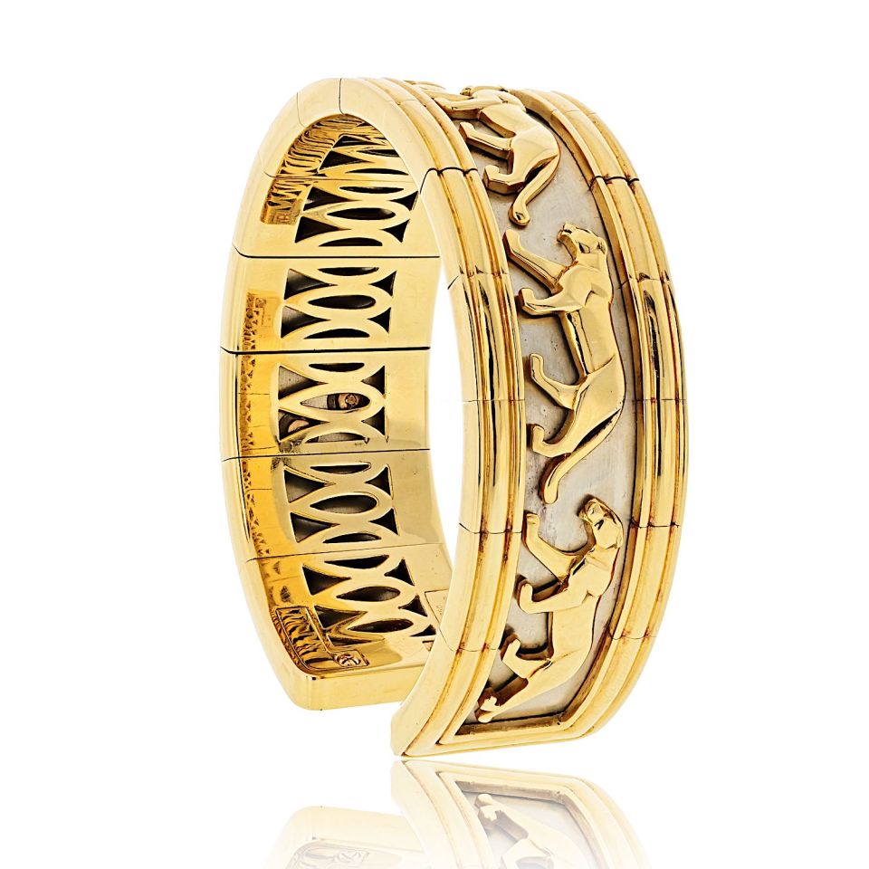 Cartier Platinum and 18K Yellow Gold Walking Panthere Cuff Bracelet, 8.5-Inch Wr