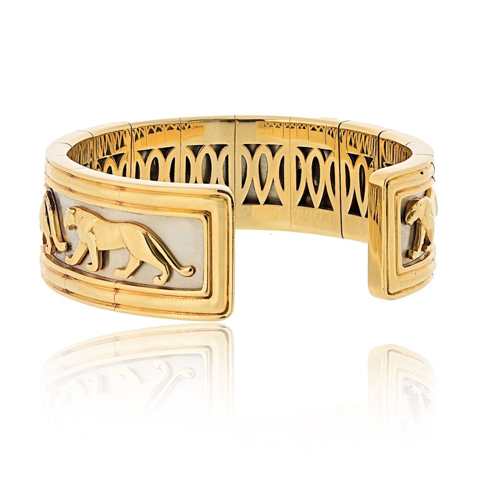 Cartier Platinum and 18K Yellow Gold Walking Panthere Cuff Bracelet, 8.5-Inch Wr