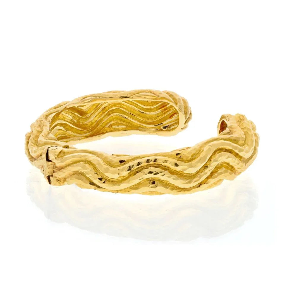 David Webb Platinum & 18K Yellow Gold Hammered Cuff Bangle Bracelet — view 3 — Laura Milman New York