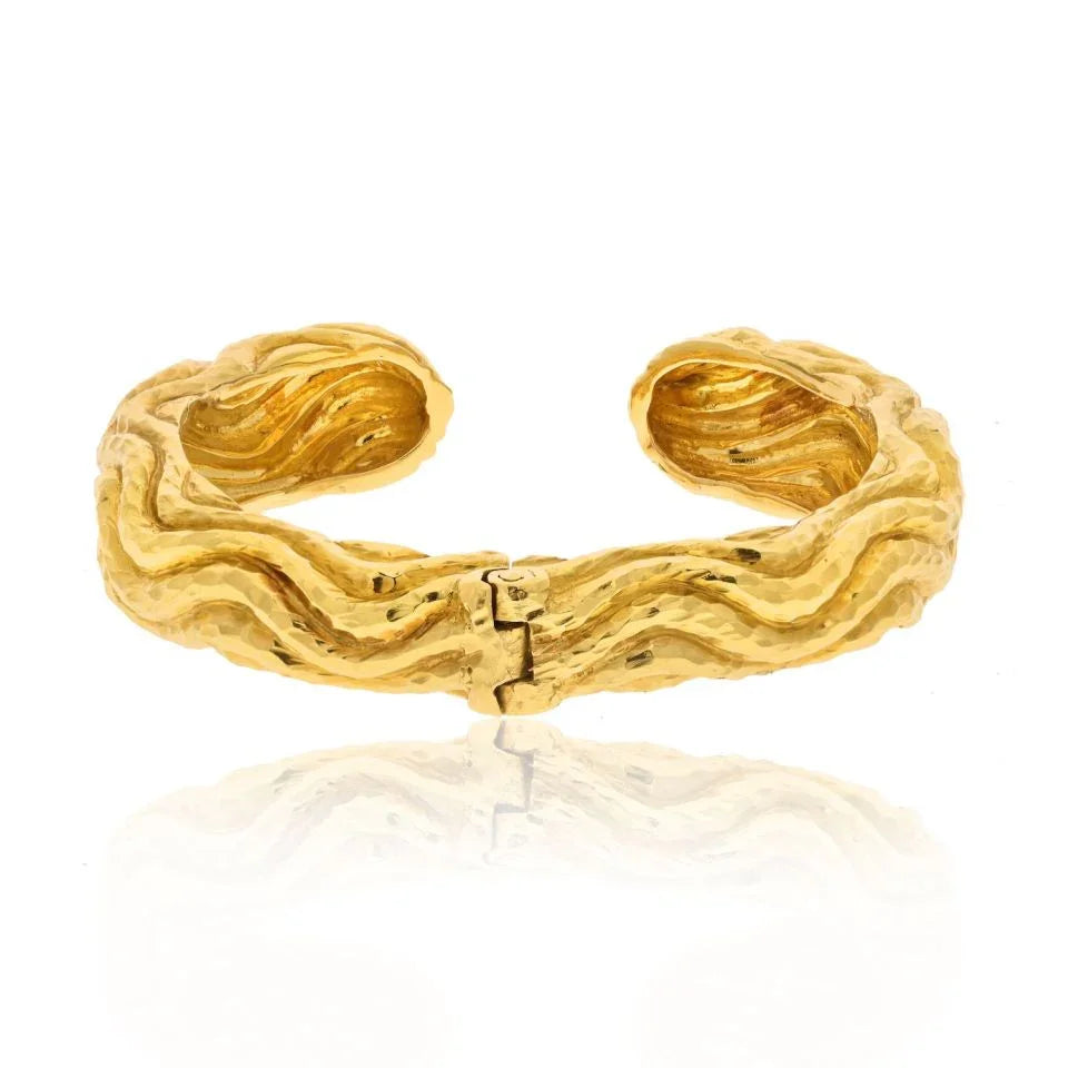 David Webb Platinum & 18K Yellow Gold Hammered Cuff Bangle Bracelet — view 2 — Laura Milman New York