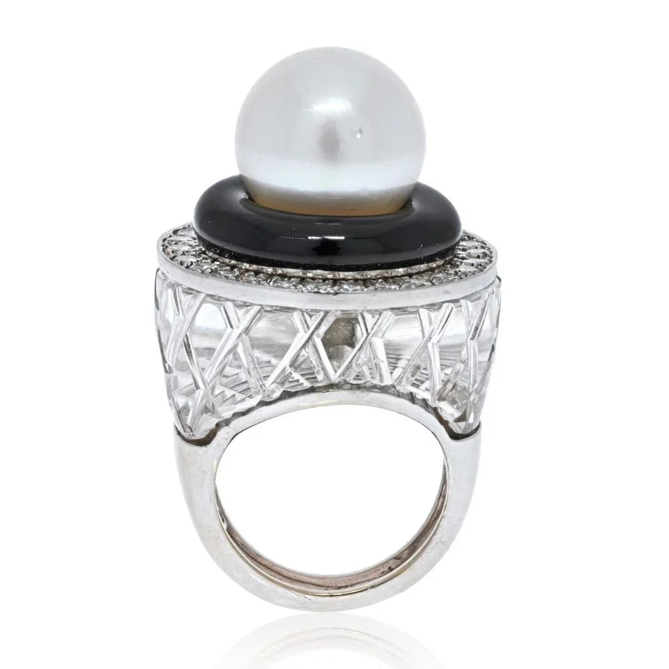 David Webb Platinum & 18K White Gold Rock Crystal, Diamonds, Black Enamel, Pearl Ring — view 3 — Laura Milman New York