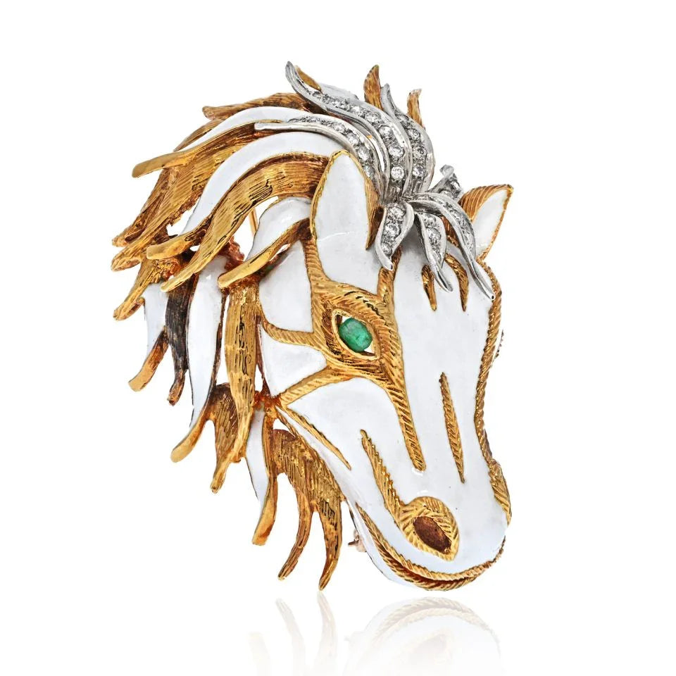 David Webb Platinum & 18K Yellow Gold White Enamel Diamond Horse Face Brooch — Laura Milman New York