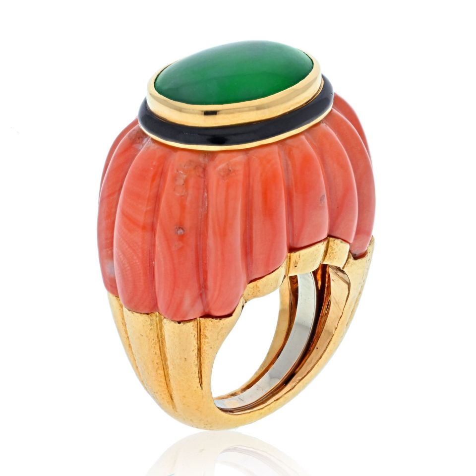 David Webb Platinum & 18K Yellow Gold Carved Coral, Jade And Black Enamel Ring — view 2 — Laura Milman New York