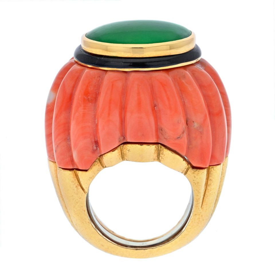 David Webb Platinum & 18K Yellow Gold Carved Coral, Jade And Black Enamel Ring — view 3 — Laura Milman New York