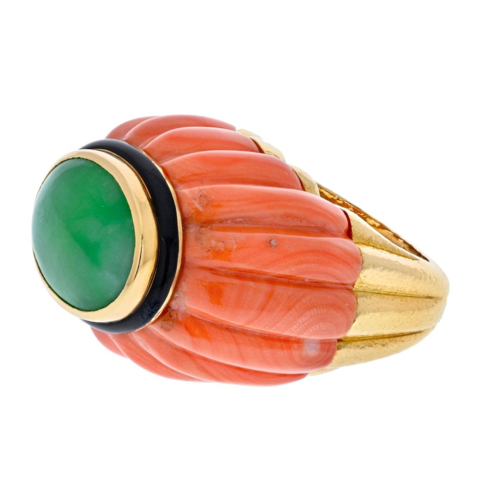 David Webb Platinum & 18K Yellow Gold Carved Coral, Jade And Black Enamel Ring — view 4 — Laura Milman New York