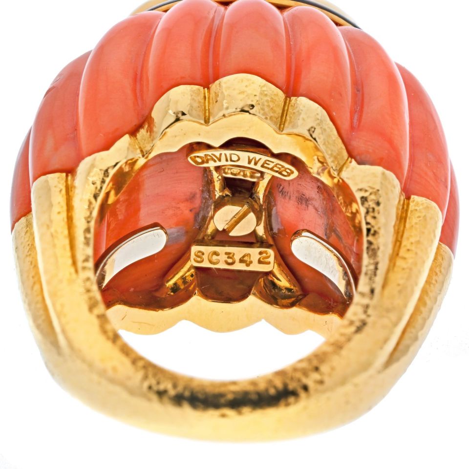 David Webb Platinum & 18K Yellow Gold Carved Coral, Jade And Black Enamel Ring — view 5 — Laura Milman New York