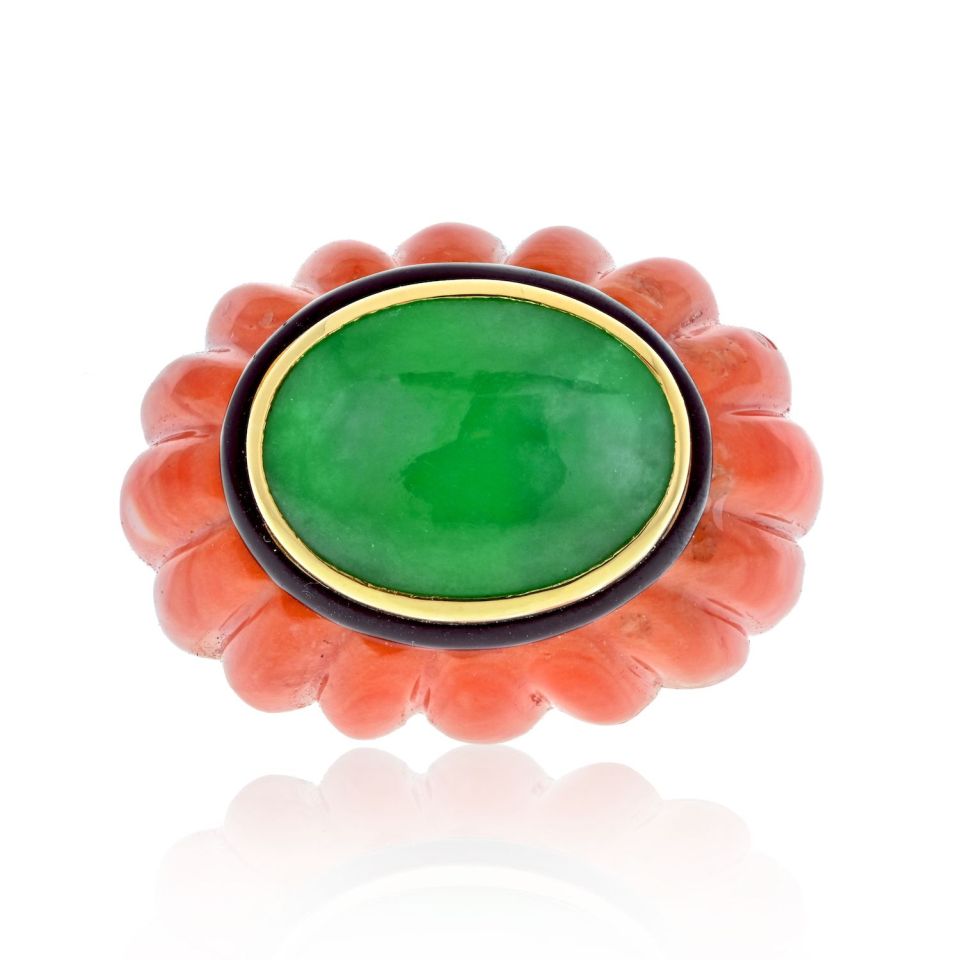 David Webb Platinum & 18K Yellow Gold Carved Coral, Jade And Black Enamel Ring — Laura Milman New York