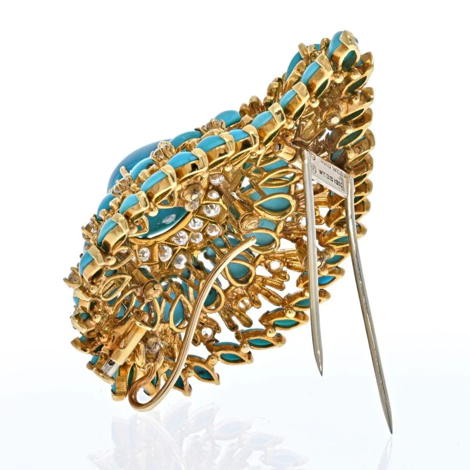 David Webb Platinum & 18K Yellow Gold 1970's Turquoise And Diamond Foliage Brooch — view 3 — Laura Milman New York