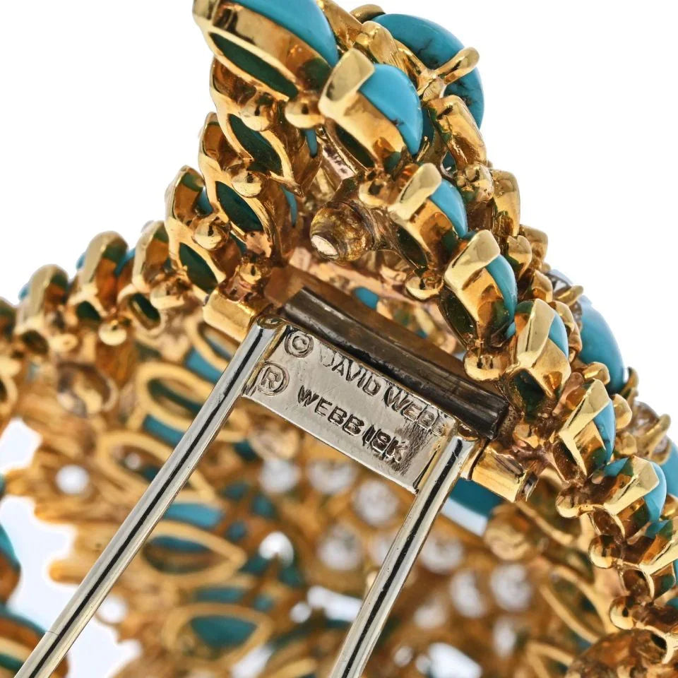 David Webb Platinum & 18K Yellow Gold 1970's Turquoise And Diamond Foliage Brooch — view 5 — Laura Milman New York