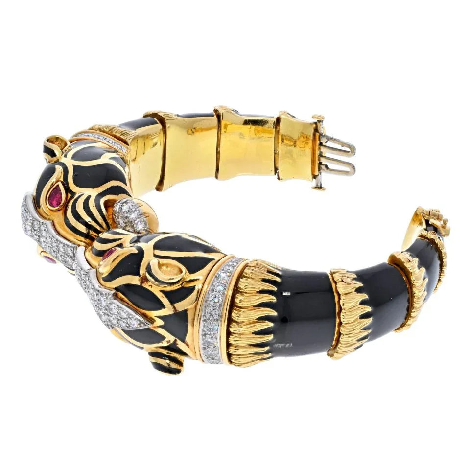 David Webb Platinum & 18K Yellow Gold Black Enamel Double Head Lion Bracelet — view 3 — Laura Milman New York