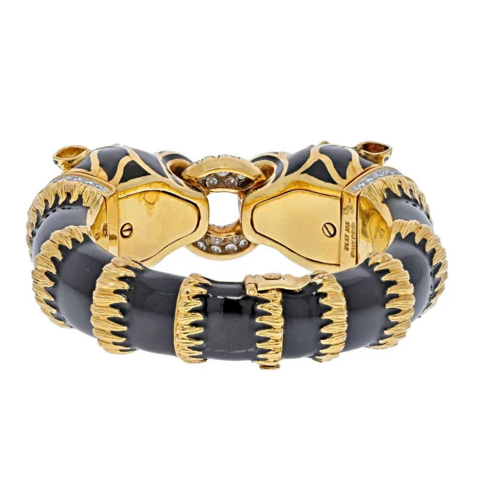 David Webb Platinum & 18K Yellow Gold Black Enamel Double Head Lion Bracelet — view 4 — Laura Milman New York