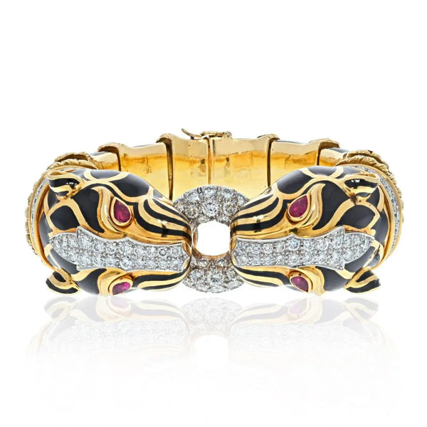 David Webb Platinum & 18K Yellow Gold Black Enamel Double Head Lion Bracelet