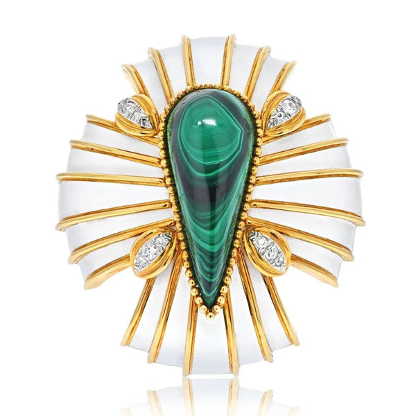 David Webb White Enamel And Malachite Maltese Cross Brooch