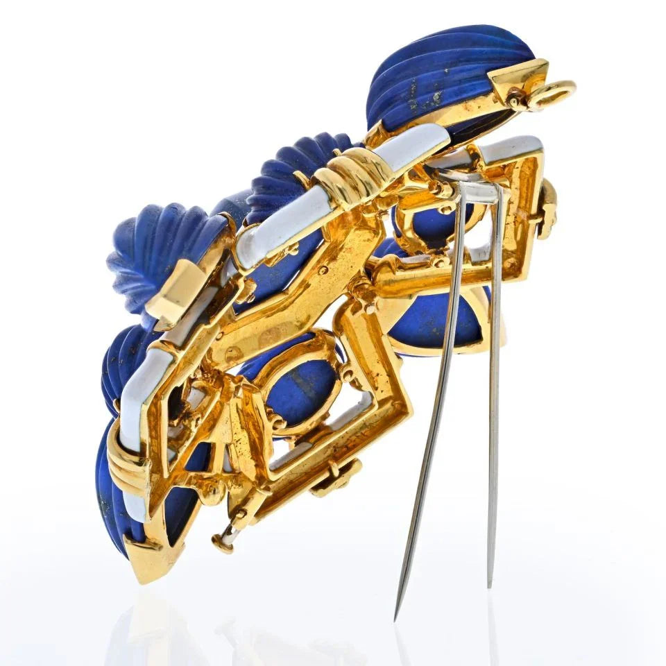 David Webb Platinum & 18K Yellow Gold Blue Lapis Lazuli And White Enamel Brooch — view 3 — Laura Milman New York
