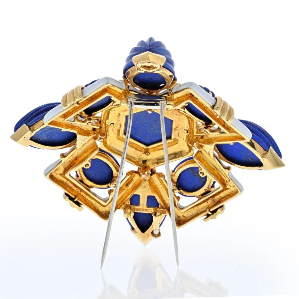 David Webb Platinum & 18K Yellow Gold Blue Lapis Lazuli And White Enamel Brooch — view 4 — Laura Milman New York