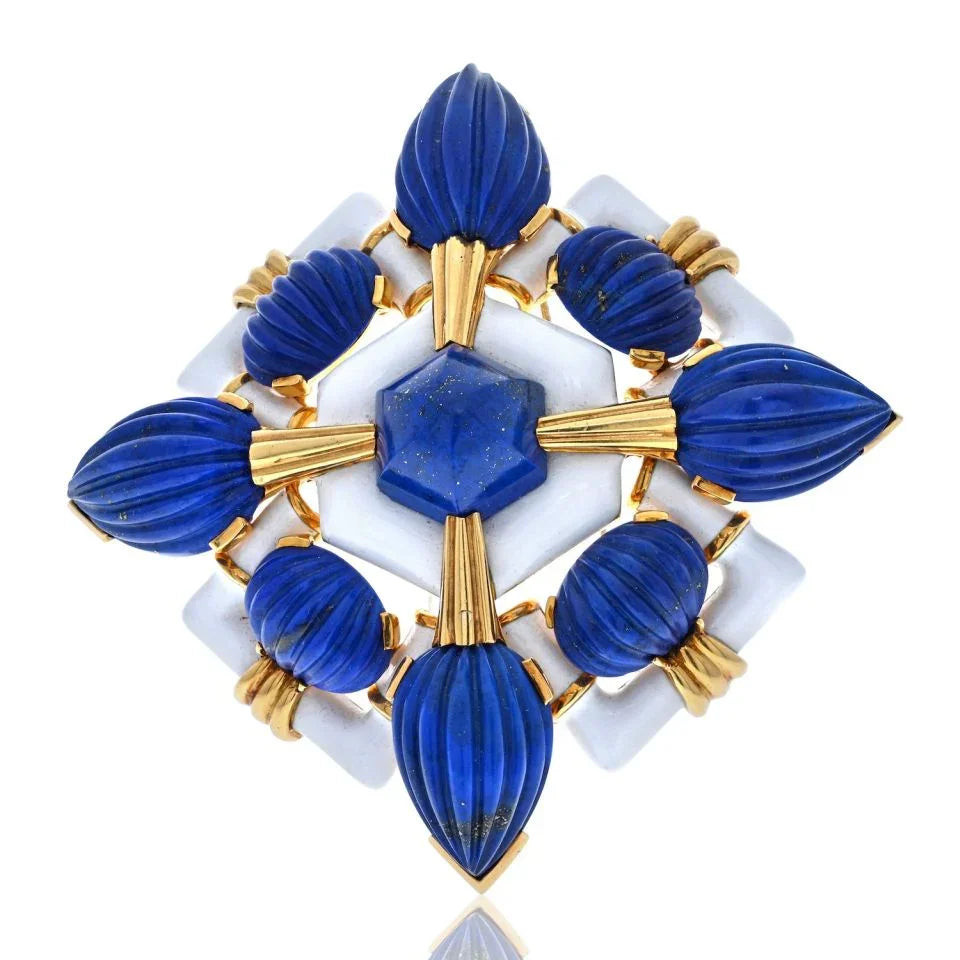 David Webb Platinum & 18K Yellow Gold Blue Lapis Lazuli And White Enamel Brooch — Laura Milman New York