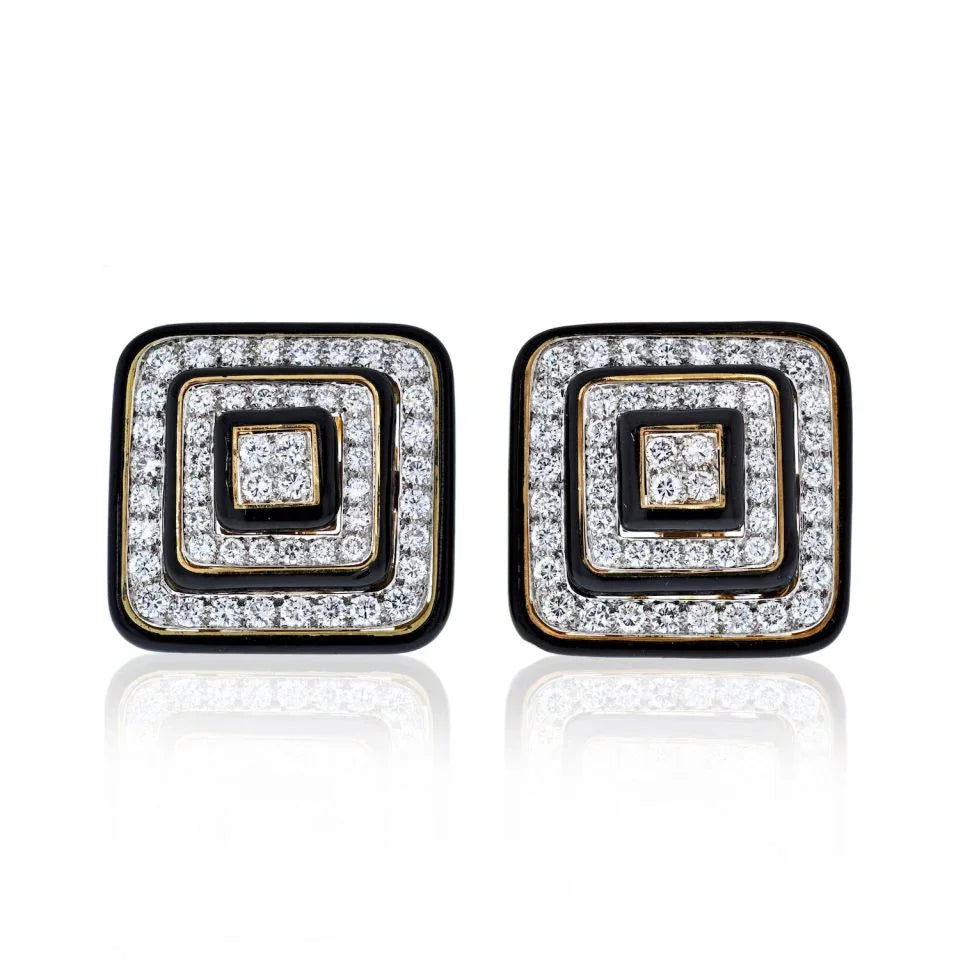David Webb Black Enamel And Diamond Square Shaped Earrings — Laura Milman New York