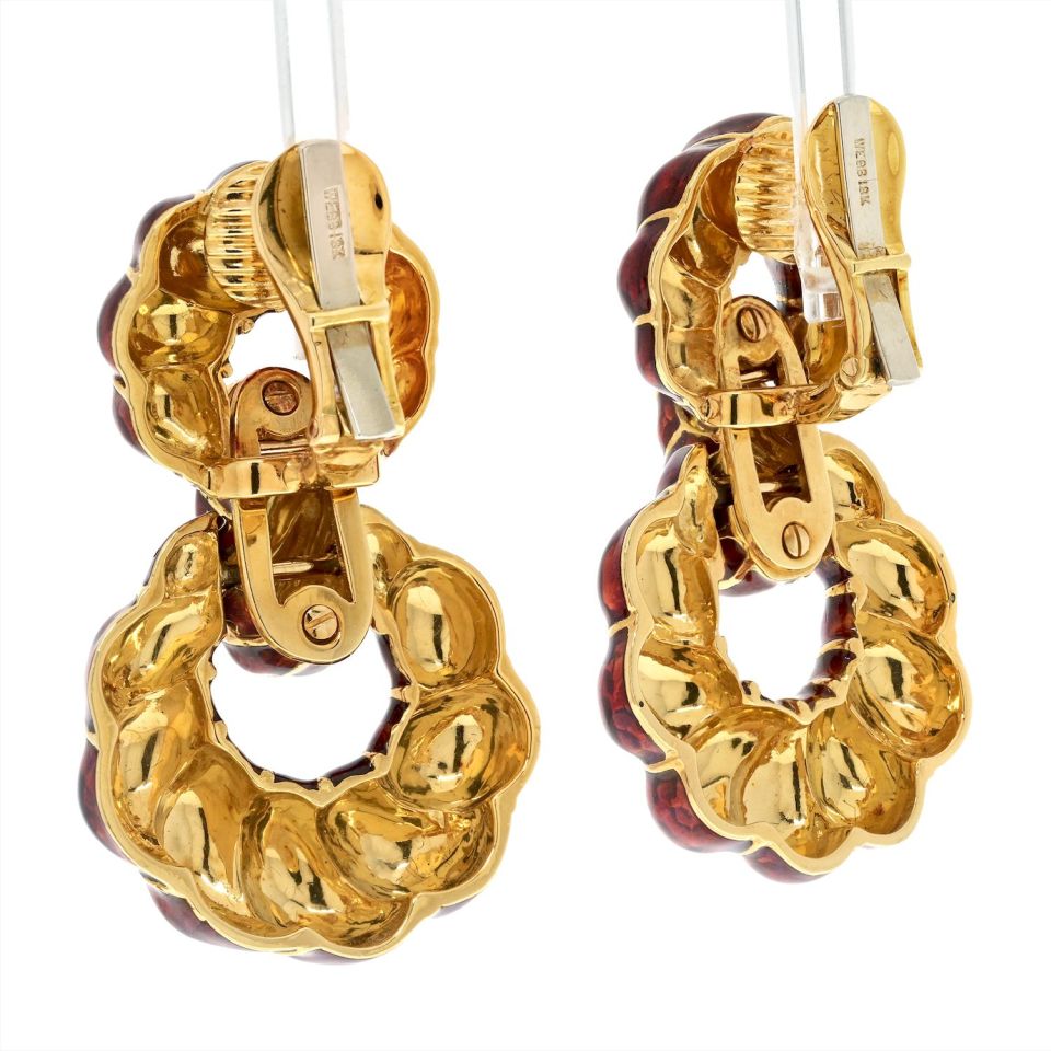 David Webb Platinum & 18K Yellow Gold Red Enamel Door Knockers Earrings — view 3 — Laura Milman New York