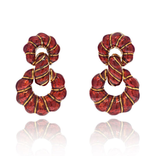 David Webb Platinum & 18K Yellow Gold Red Enamel Door Knockers Earrings