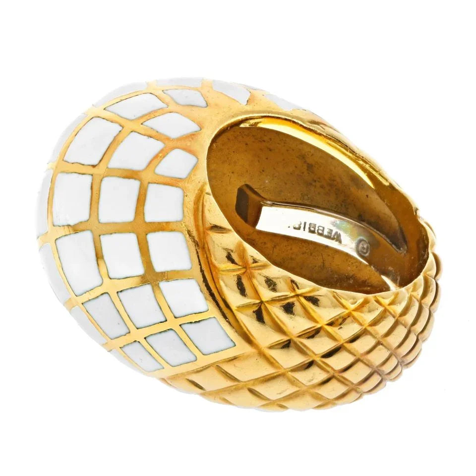 David Webb Platinum & 18K Yellow Gold White Enamel Checkerboard Pattern Bombe Ring — view 3 — Laura Milman New York