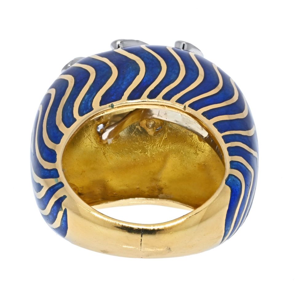 David Webb Platinum & 18K Yellow Gold Blue Enamel Bombe Diamond Ring — view 4 — Laura Milman New York
