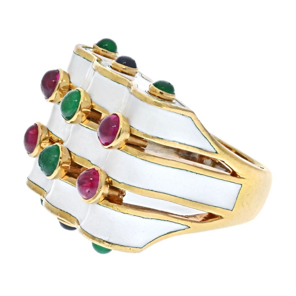 David Webb Platinum & 18K Yellow Gold Wave With Rubies, Emeralds And Sapphires Ring — view 2 — Laura Milman New York