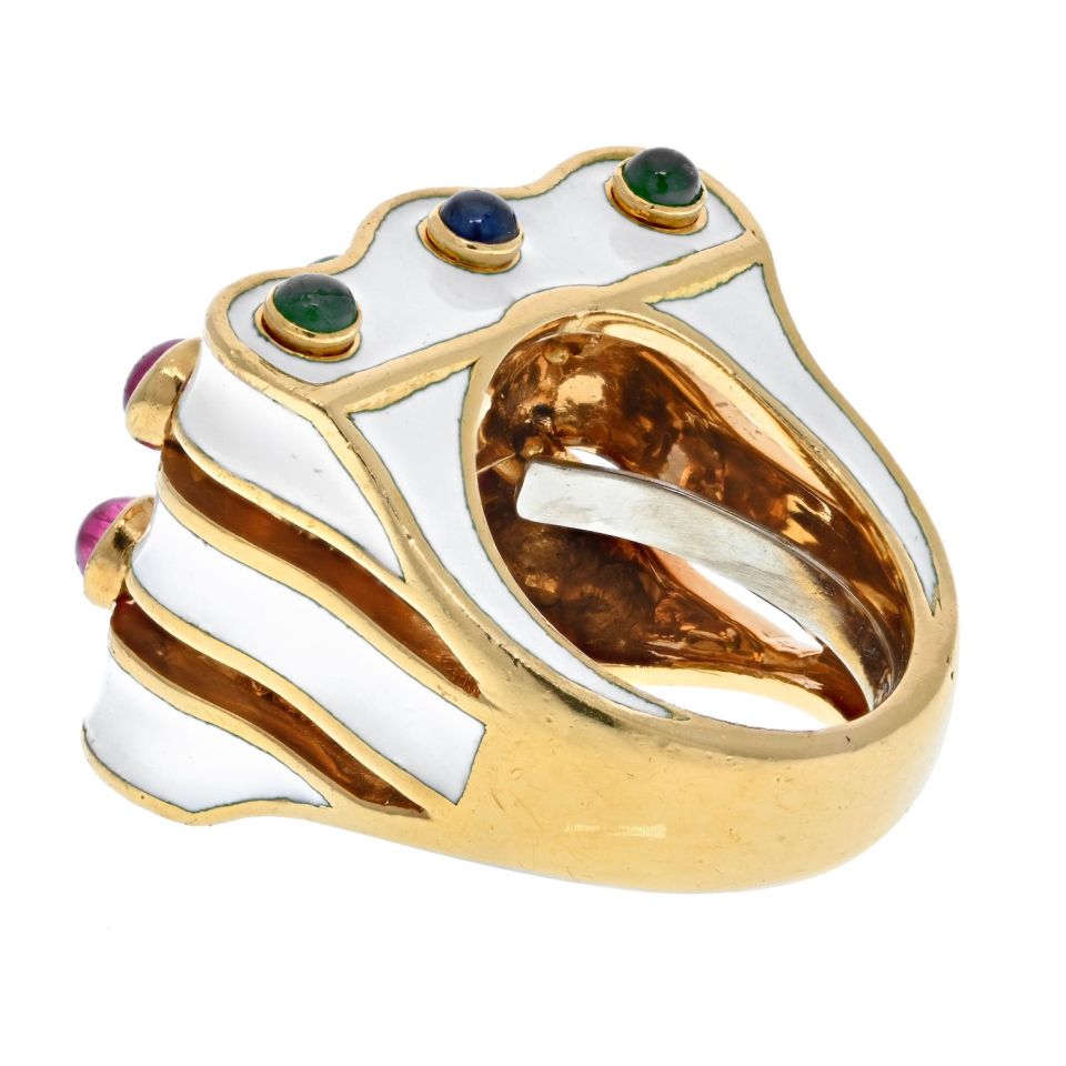 David Webb Platinum & 18K Yellow Gold Wave With Rubies, Emeralds And Sapphires Ring — view 3 — Laura Milman New York