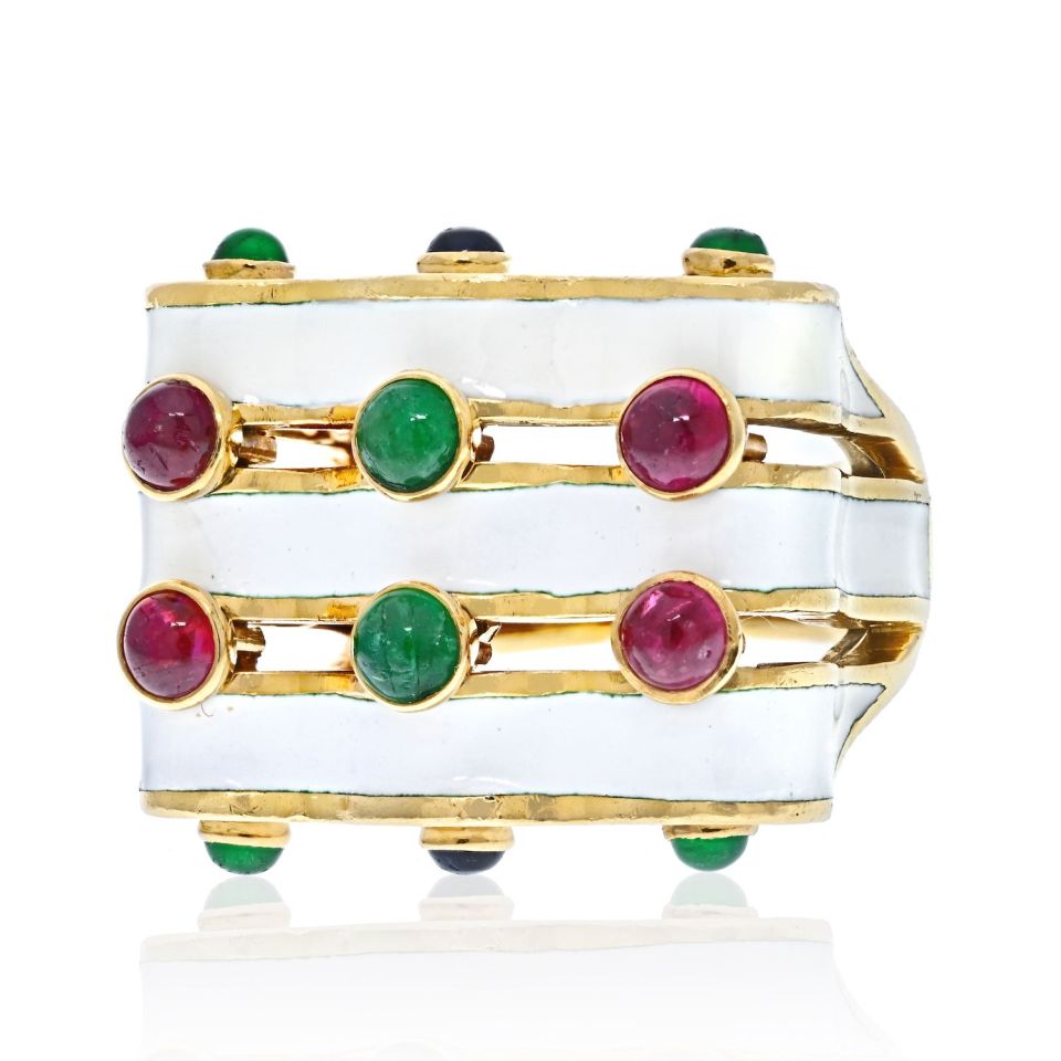 David Webb Platinum & 18K Yellow Gold Wave With Rubies, Emeralds And Sapphires Ring — Laura Milman New York
