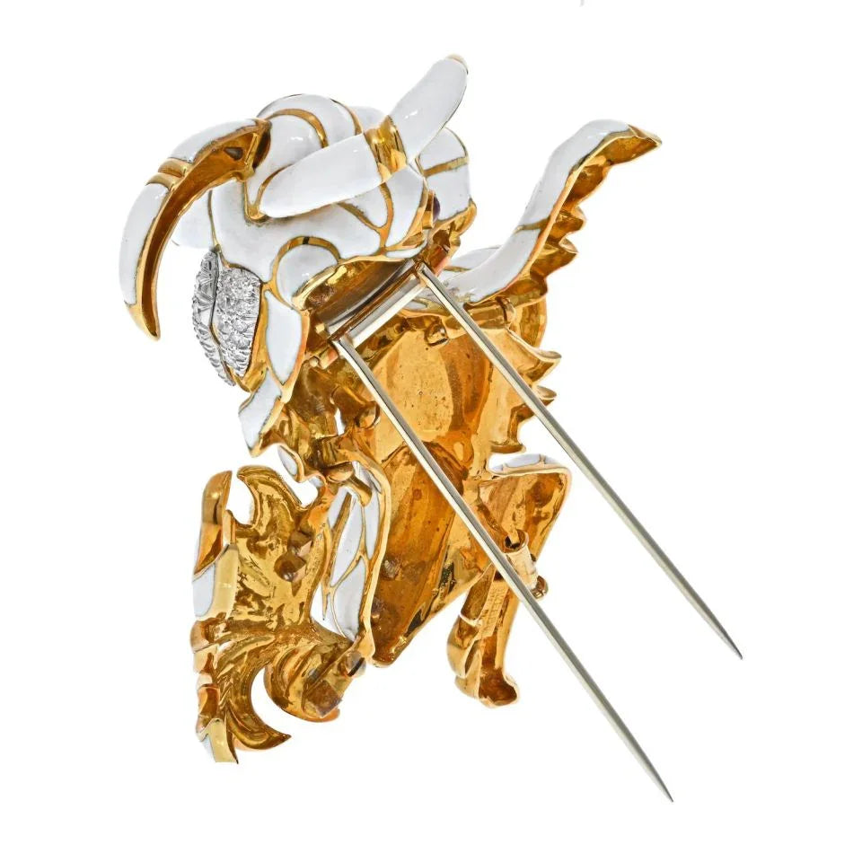 David Webb Platinum & 18K Yellow Gold White Enamel Diamond Goat Brooch — view 3 — Laura Milman New York