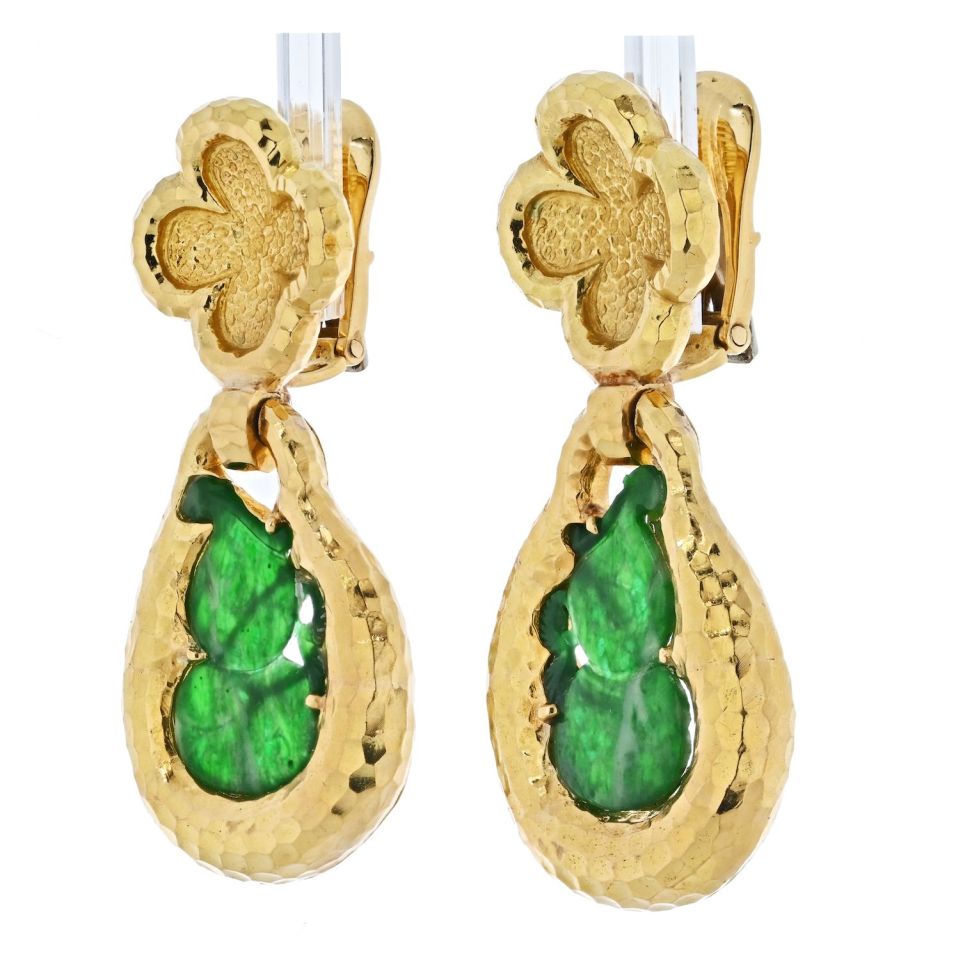 David Webb Platinum & 18K Yellow Gold Jade Teardrop Dangling Clip On Earrings — view 2 — Laura Milman New York