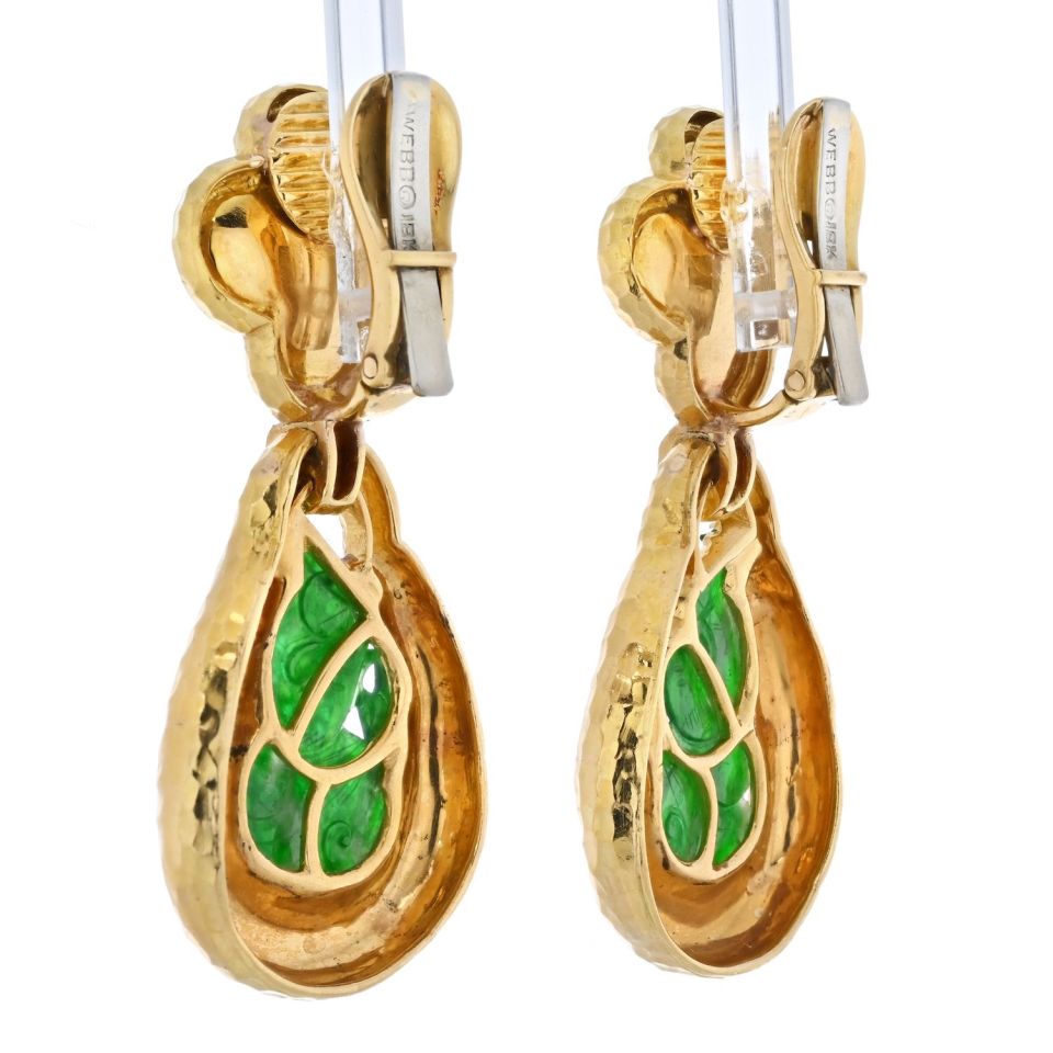 David Webb Platinum & 18K Yellow Gold Jade Teardrop Dangling Clip On Earrings — view 3 — Laura Milman New York