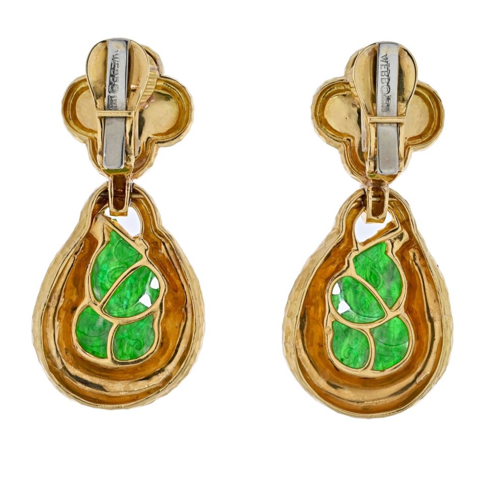 David Webb Platinum & 18K Yellow Gold Jade Teardrop Dangling Clip On Earrings — view 4 — Laura Milman New York