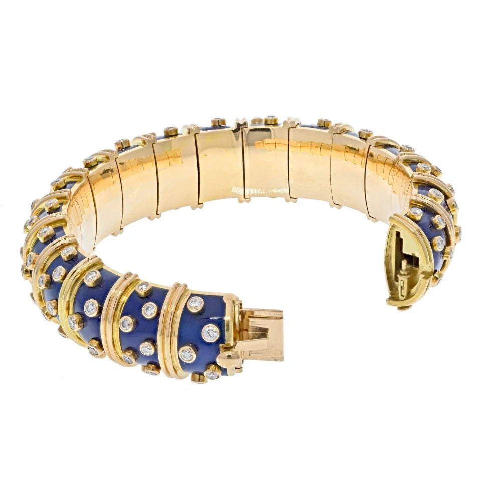 Tiffany & Co. Schlumberger Platinum & 18K Yellow Gold Blue Enamel Diamond Bracelet — view 4 — Laura Milman New York