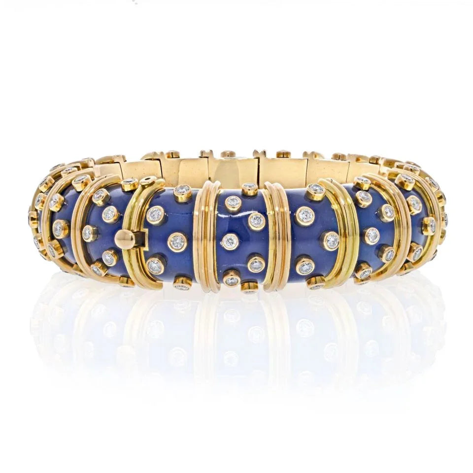 Tiffany & Co. Schlumberger Platinum & 18K Yellow Gold Blue Enamel Diamond Bracelet — Laura Milman New York