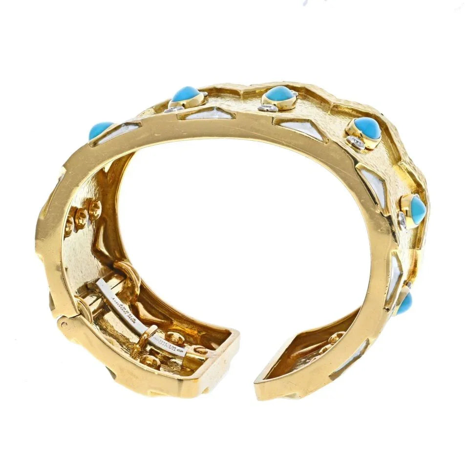 David Webb 18K Yellow Gold Rickrack Turquoise, Diamond, White Enamel Cuff Bracelet — view 3 — Laura Milman New York