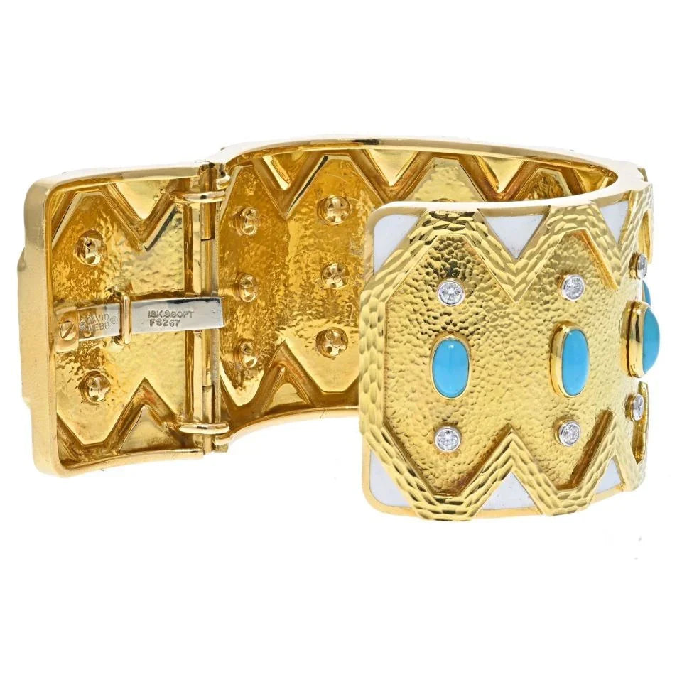 David Webb 18K Yellow Gold Rickrack Turquoise, Diamond, White Enamel Cuff Bracelet — view 4 — Laura Milman New York